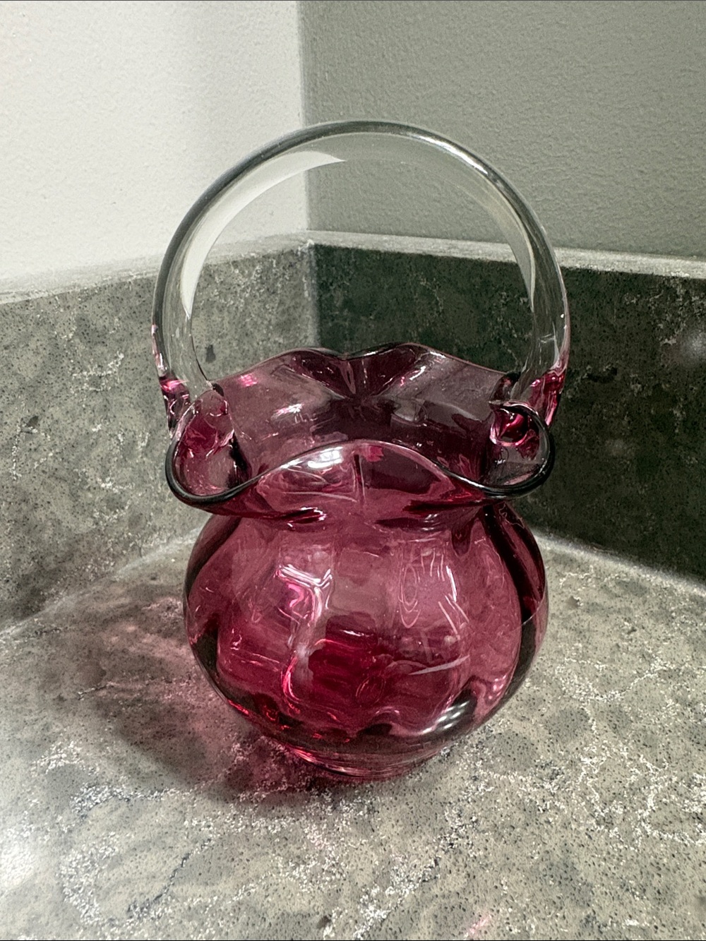 Handblown Cranberry Pink Glass Basket Vase with Clear Handle